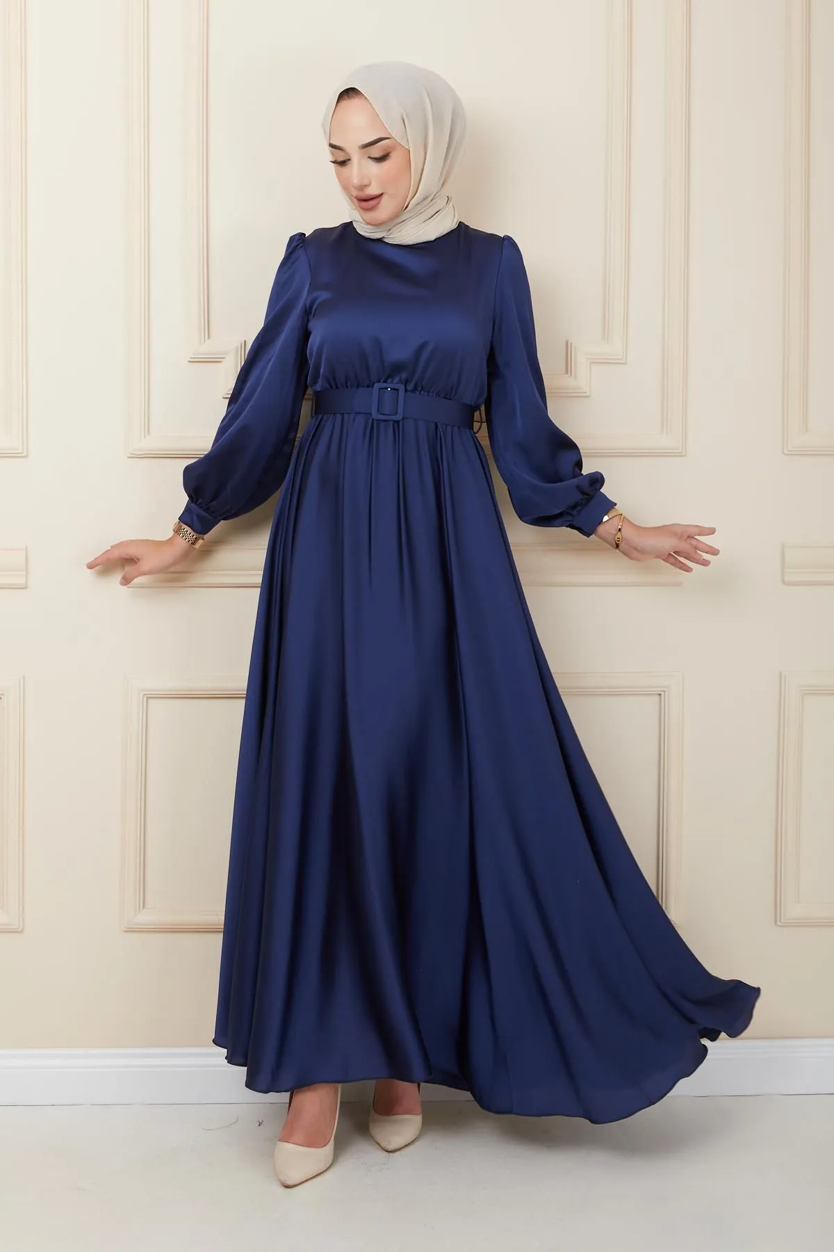 Olcay  Ausgestelltes Abendkleid mit Gürtelzubehör MARINEBLAU 1602