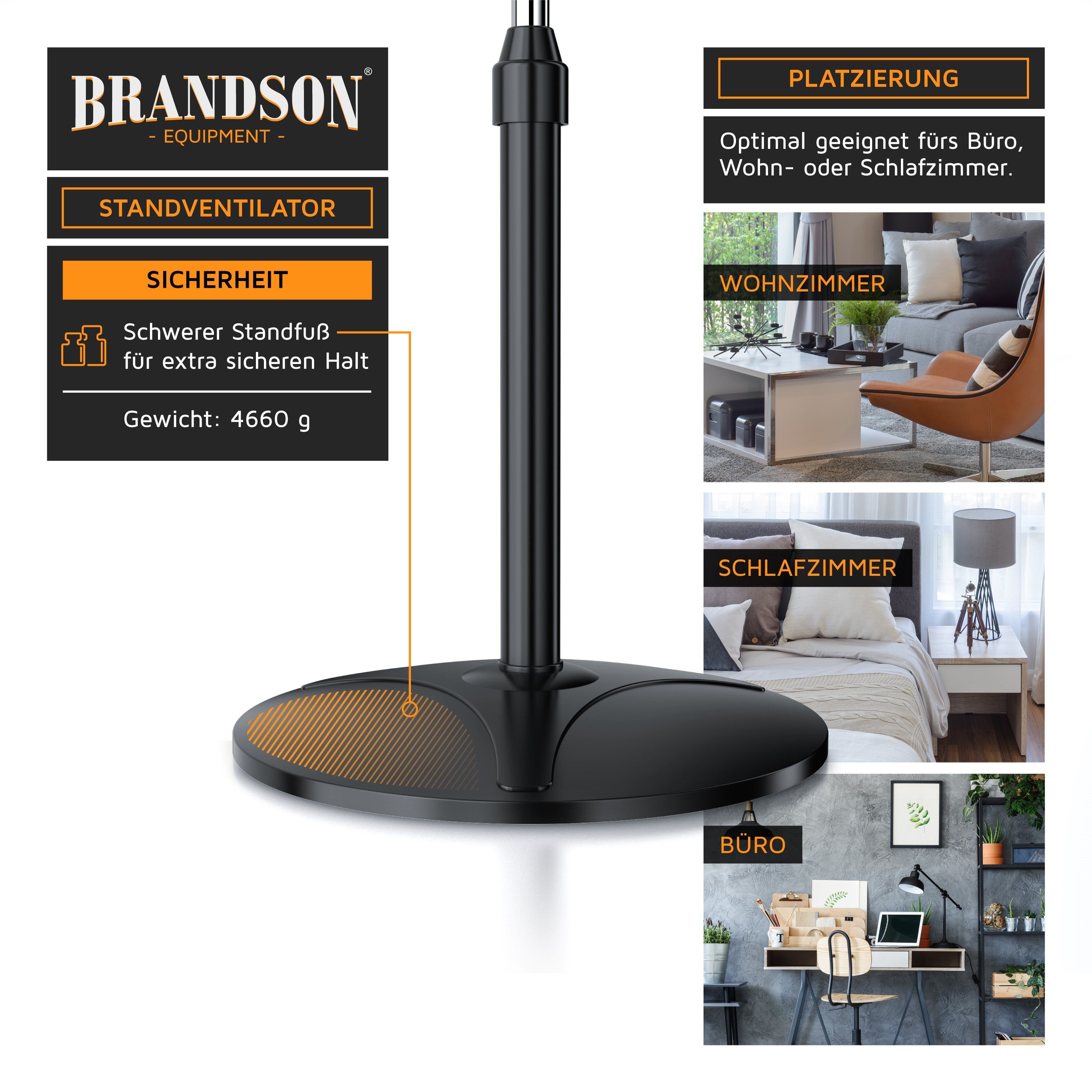 Brandson Standventilator, 40,5 cm Durchmesser, Fernbedienung, leise, Höhe & Neigung verstellbar, Oszillation, 50W