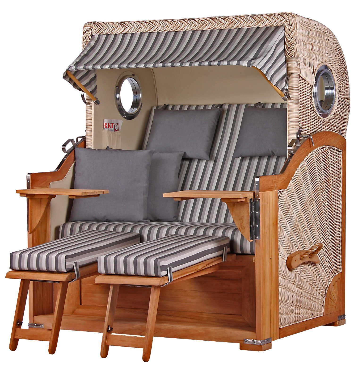 bene living Strandkorb Königssee 2,5-Sitzer Teak - PE shell - Modell 545, BxTxH: 142x95x170 cm, Volllieger ca. 175 Grad, Ostsee-Strandkorb, inkl. Liftersystem und Bullaugen