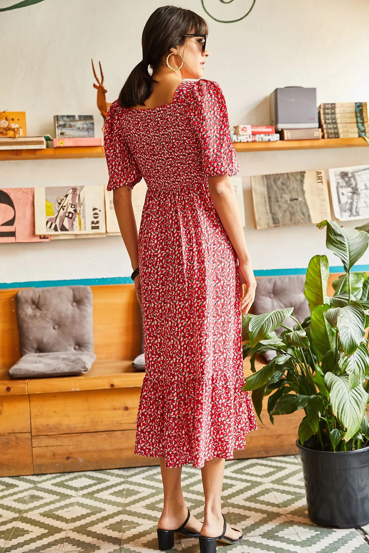 Olalook  Rotes Gimped-Freizeitkleid aus gewebter Viskose für Damen ELB-19001483