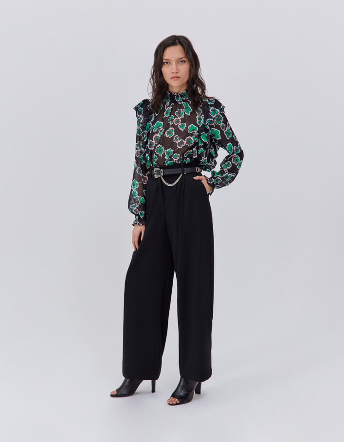 Blouse noire imprimé maxi floral à volants Femme