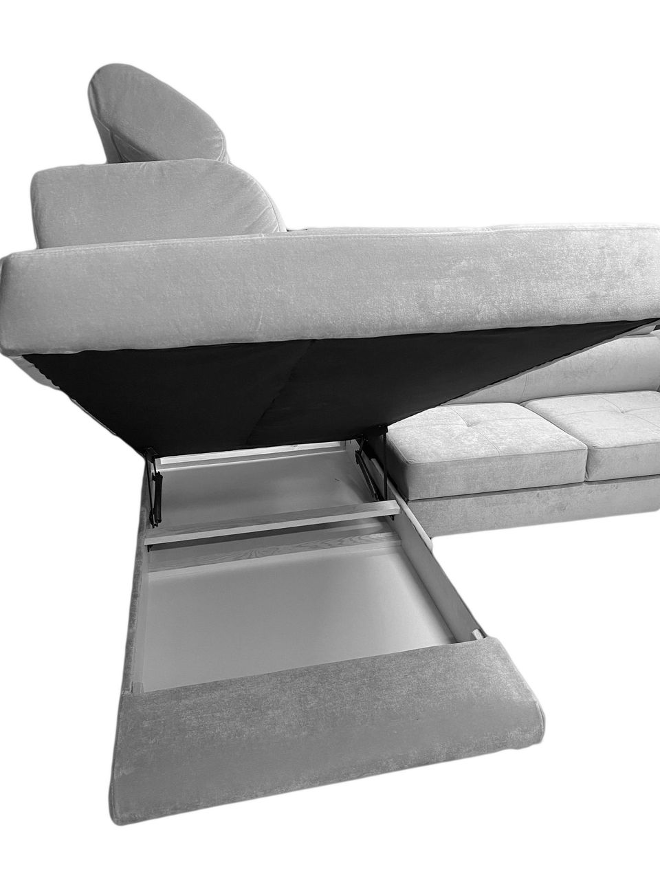 Möbel Punkt Ecksofa Monaco Samt Grau mit Bett Bettkasten Kopfteilverstellung Bett Sofa Schlafsofa Ottomane links