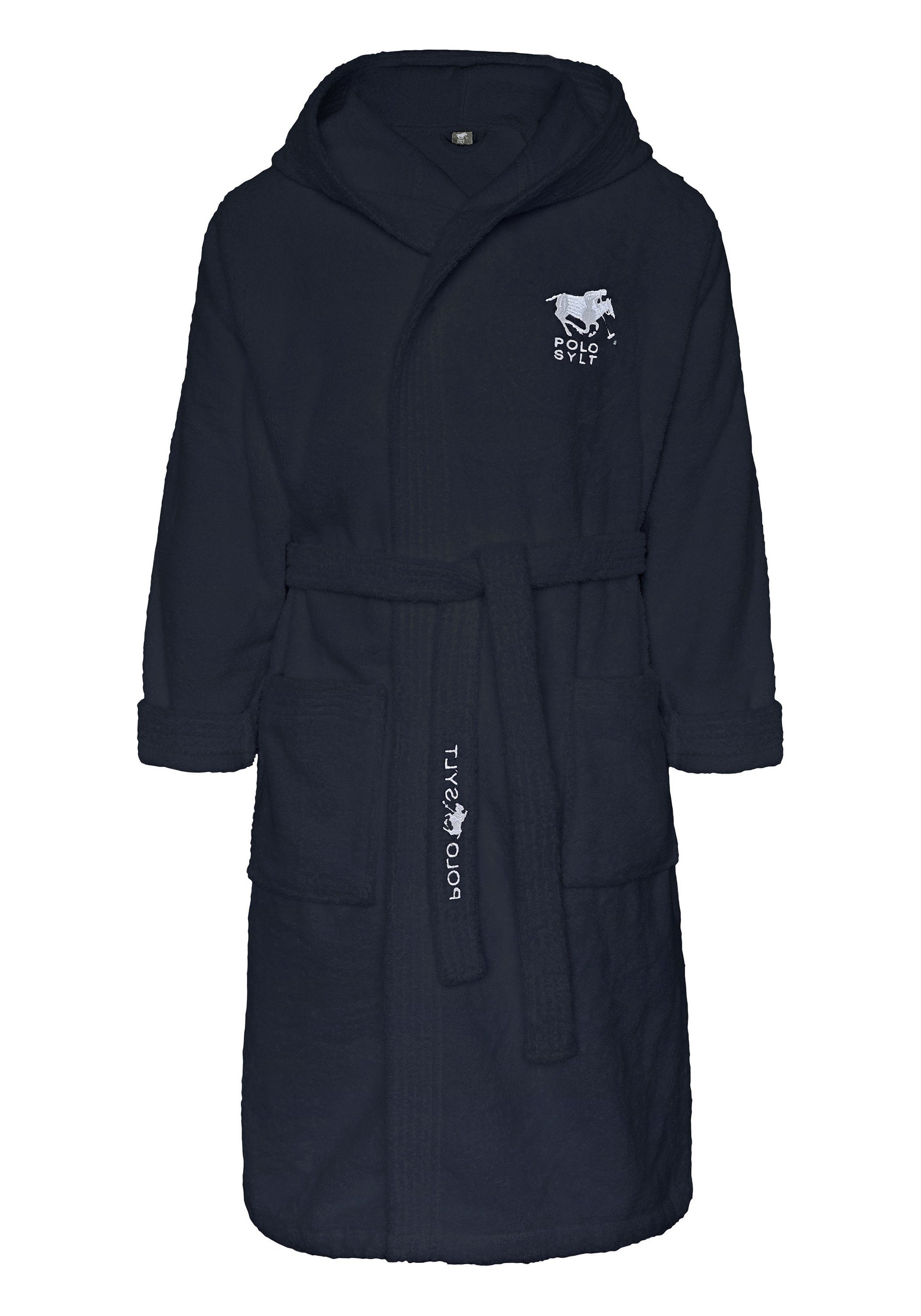 Polo Sylt Bademantel mit Logos, Gürtel und aufgesetzten Taschen, langform, Baumwolle, Gürtel