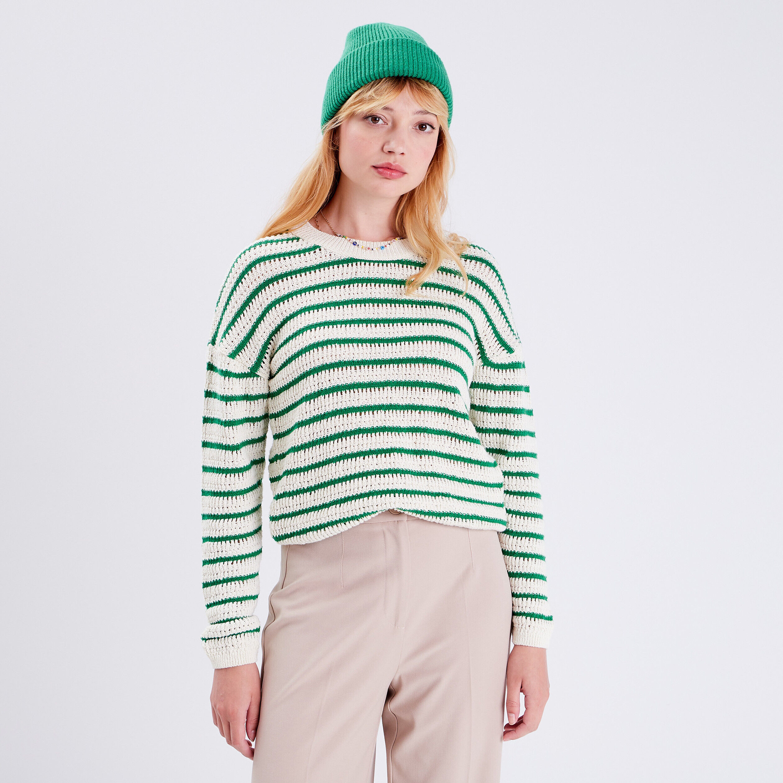 Pull manches longues ajouré vert femme | Cache Cache