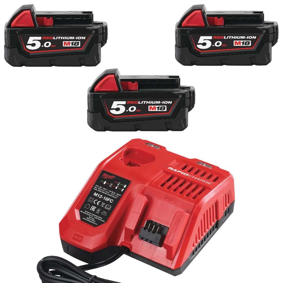 Milwaukee Accessoires 4933451423 M18 NRG-503 - M18 B5 TRIO Pack 18 V 5.0 Ah Redlithium-Ion + Lader M12-18FC
