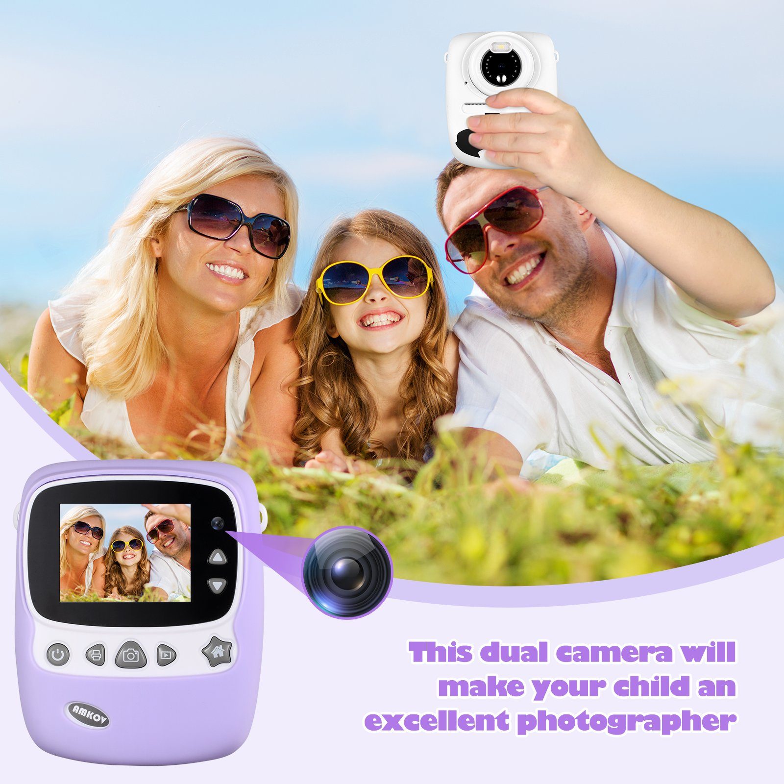 Fine Life Pro CD-P01B Kinderkamera (30 MP, 16x opt. Zoom, WLAN (Wi-Fi), inkl. 6 farbigen Pinselstiften + 2 Rollen Druckpapier + Aufkleber, Videoaufnahmen mit Ton in Full HD, automatische Abschaltung, automatische Blitzzuschaltung)