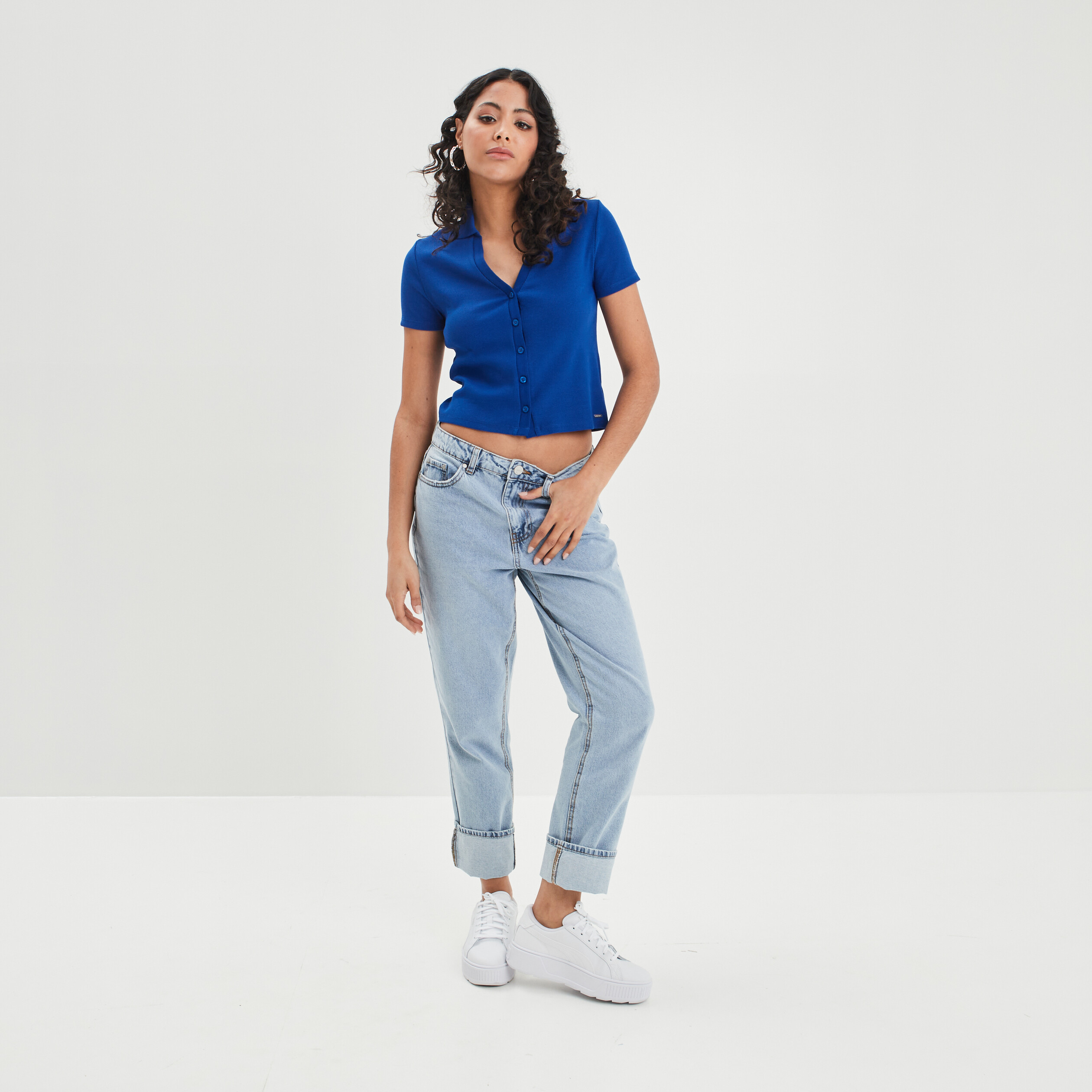 T-shirt col polo avec boutons bleu violet femme | La Halle