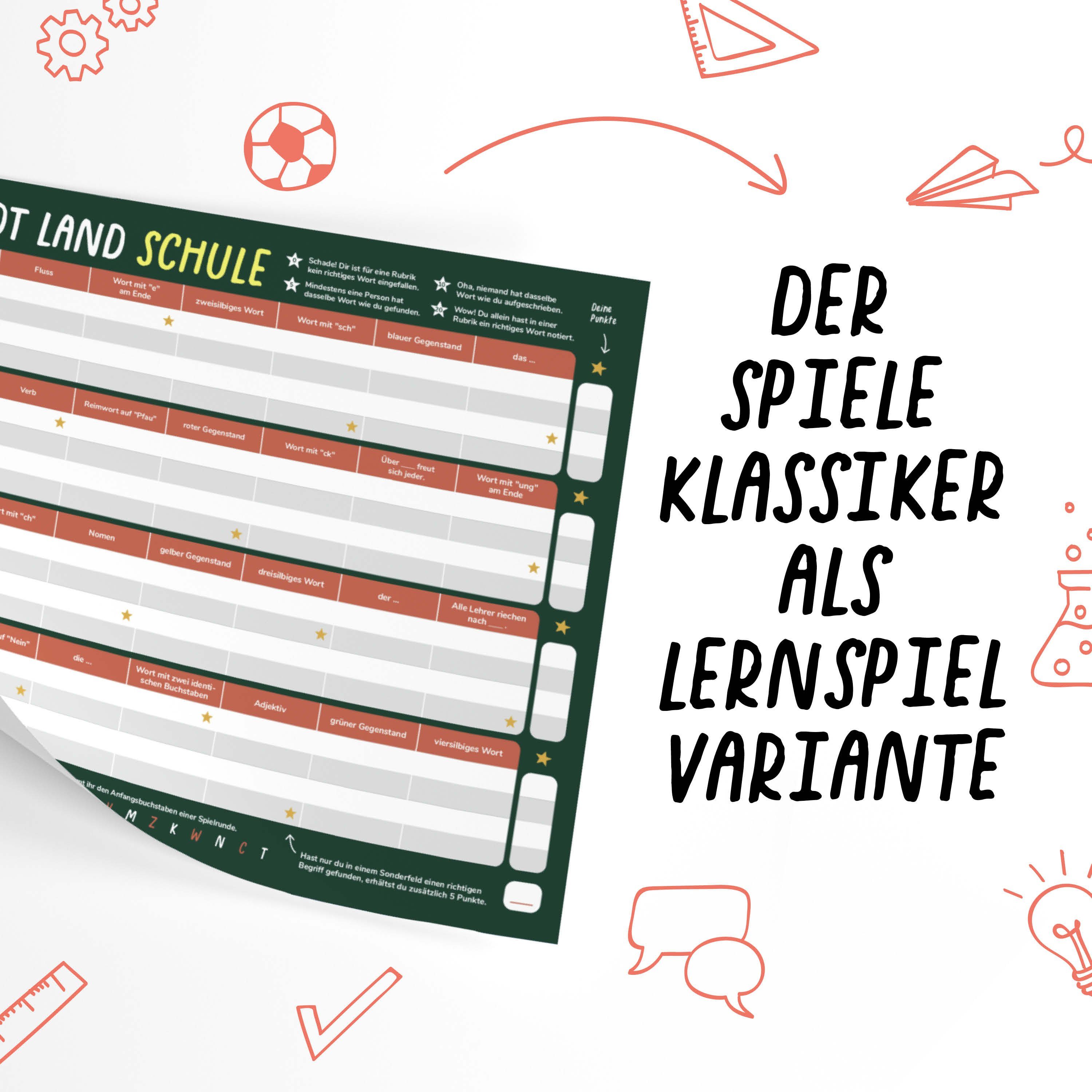 Pihu Spiel, Lernspiel STADT LAND SCHULE (DEUTSCH), Lernspiel für den Deutschunterricht, Klimaneutral gedruckt
