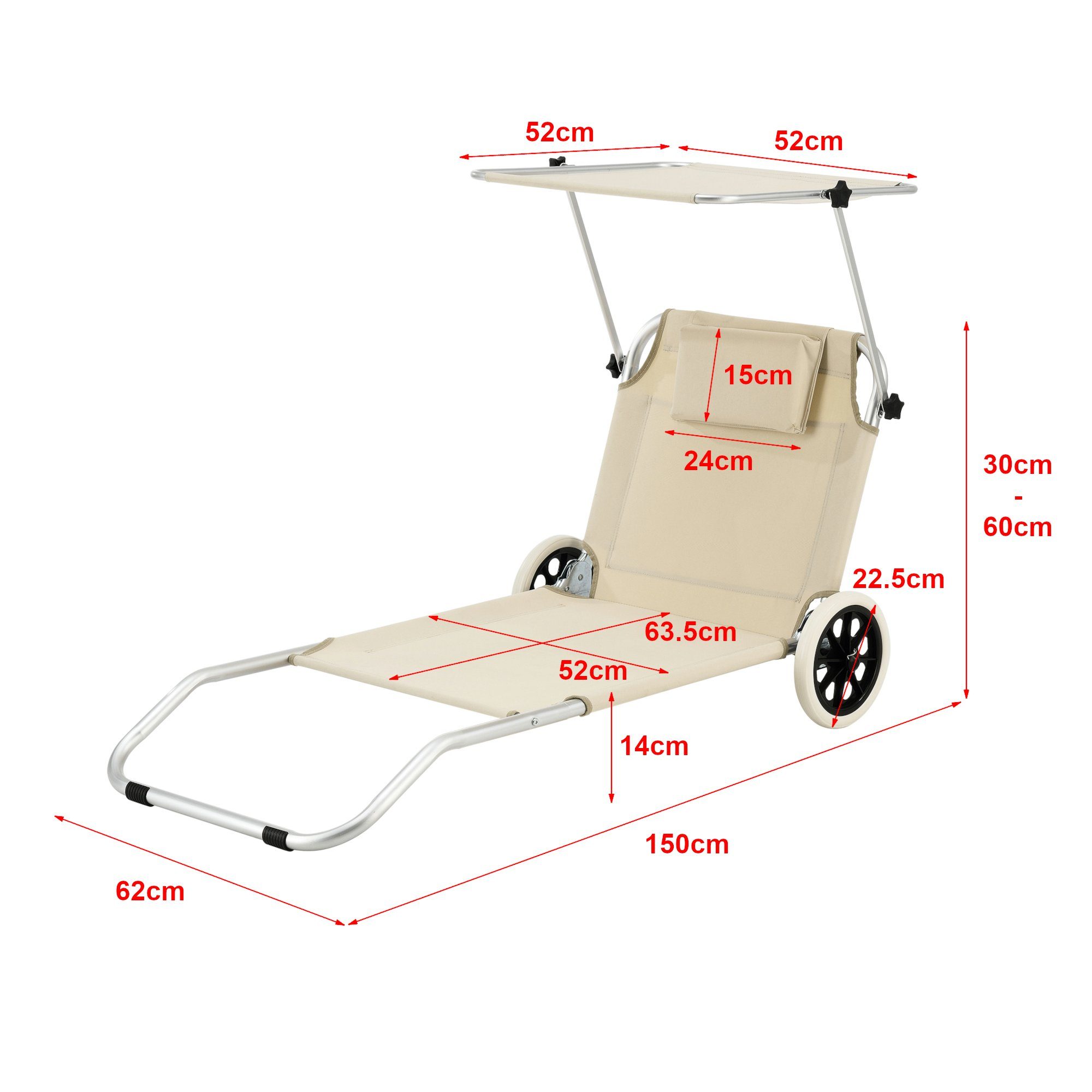 en.casa Gartenliege, Lazkano Sonnenliege mit Rollen Aluminium 150x62cm Beige