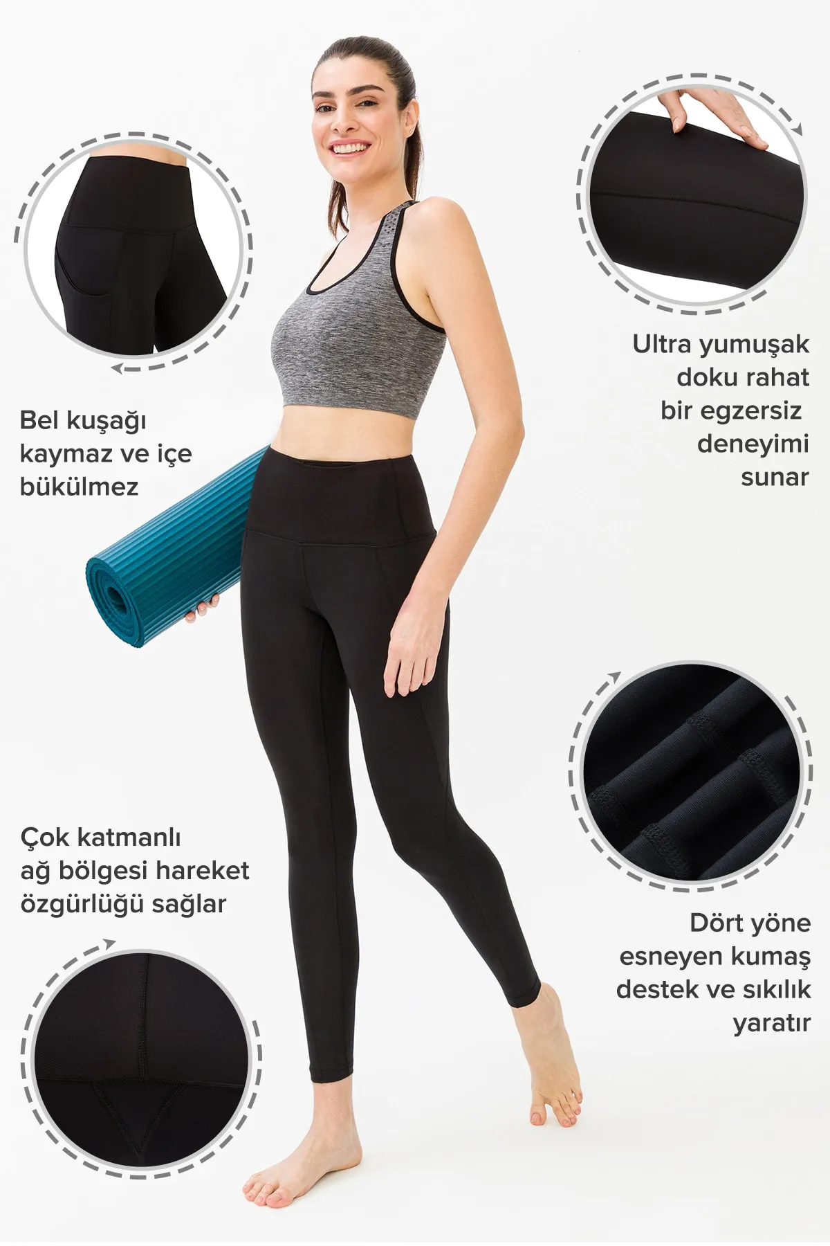 LOS OJOS  Schwarze, kompakte Sport-Leggings mit hoher Taille und doppelter Tasche für Damen