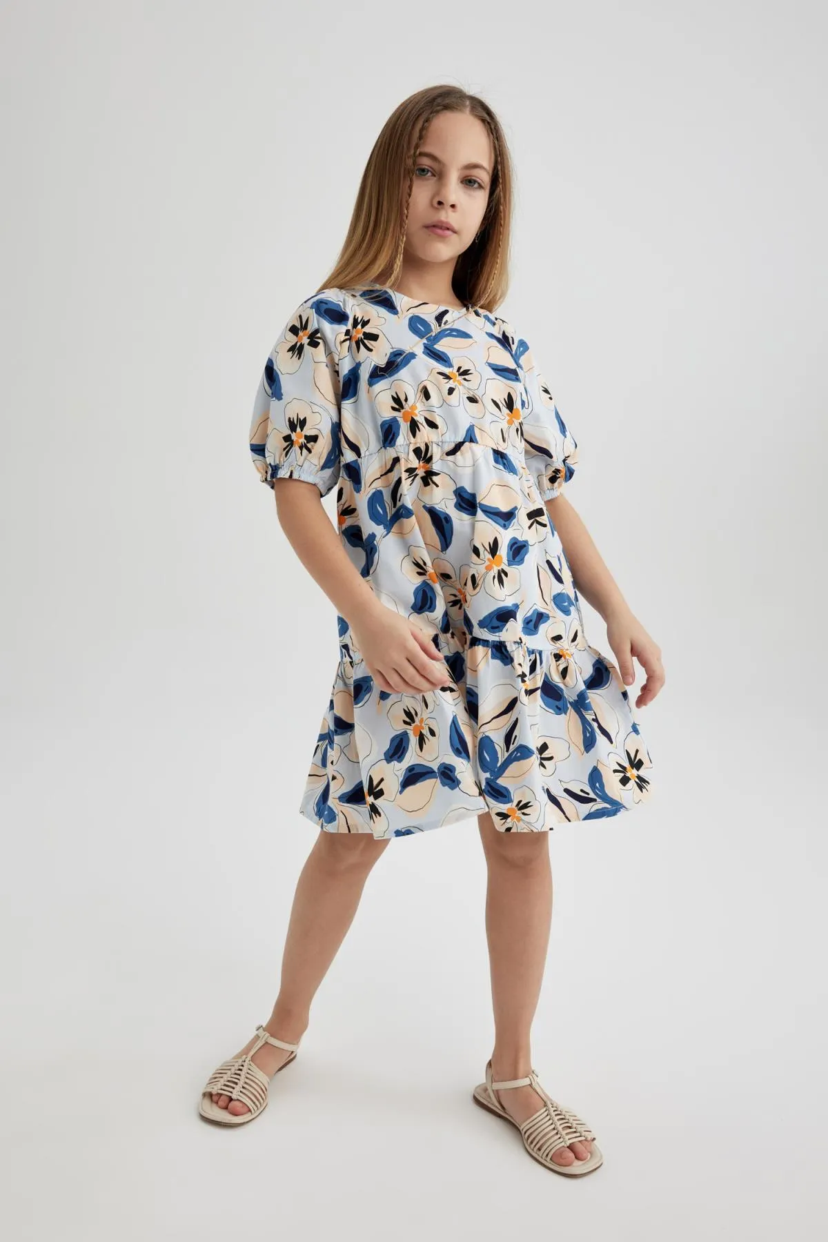 DeFacto  Gemustertes Popeline-Kleid mit kurzen Ärmeln für Mädchen C0707a824sm