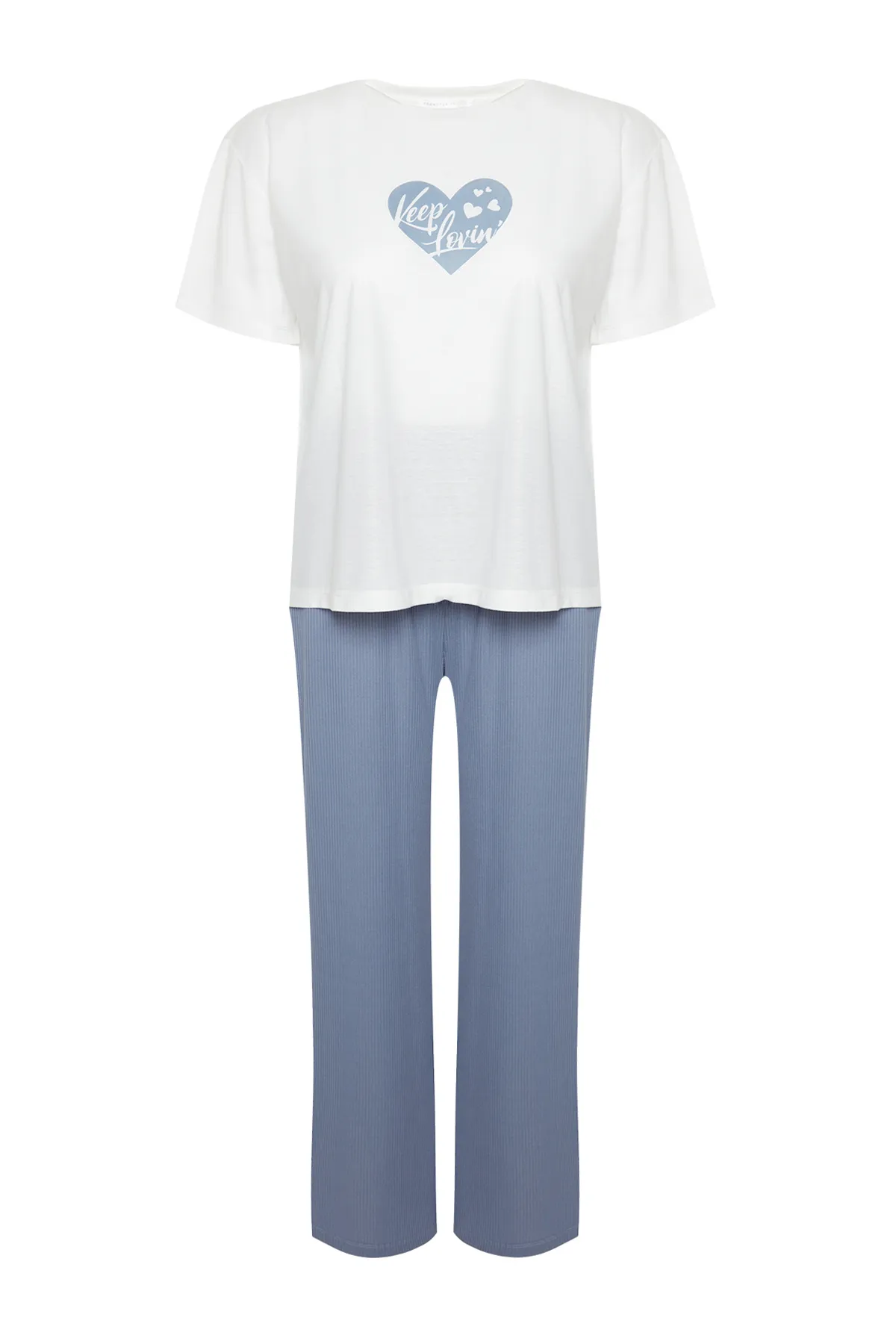 Trendyol Curve  Blaues, herzgemustertes Cord-Strickpyjama-Set TBBAW24AI00018