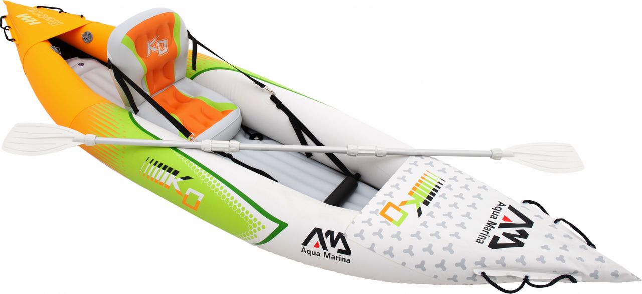 PureHaven Aqua Marina Kajak 312x83 cm für 1 Person mit Luftsitz verstellbarer Lehne Transporttasche Reparaturset und Handpumpe strapazierfähig Grün-Weiß-Orange
