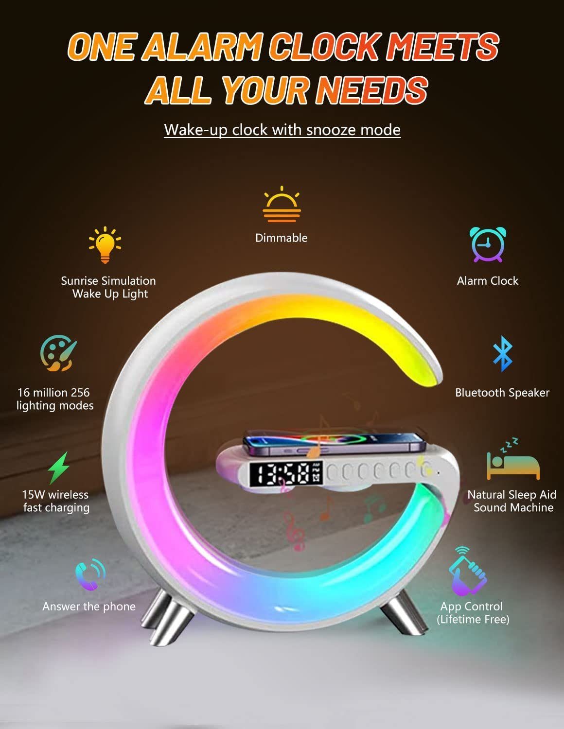 Hikeren Wecker Wake up Light mit Kabelloser Ladefunktion Dimmbar Bluetooth Lautsprecher