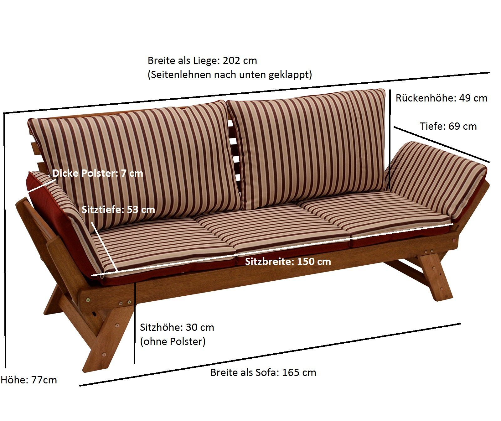 DEGAMO Gartenliege Liegesofa TIROL, 1 St., 202cm, Eukalyptus Hartholz, Wendeauflage rot/beige, Innen und Außen