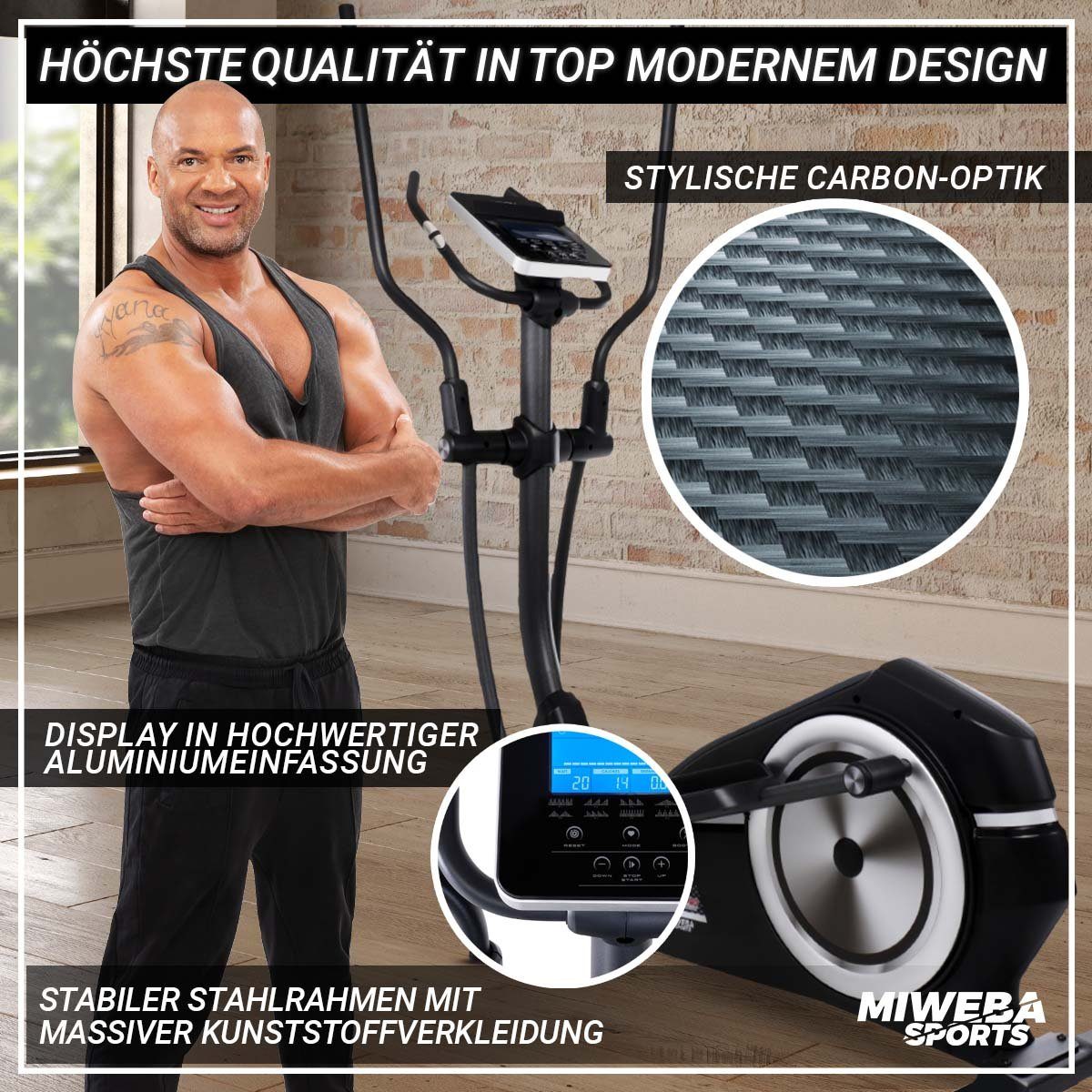 Miweba Sports Ellipsentrainer Profi Crosstrainer MC400 - 27 kg Schwungmasse & Magnetbremse (32 Intensitätsstufen, 10 Trainings Programme, Sportgeräte Fitnessgeräte für zu hause, verstellbar, 1-tlg., Zwift App & Streaming-Funktion, 150 kg max. Benutze