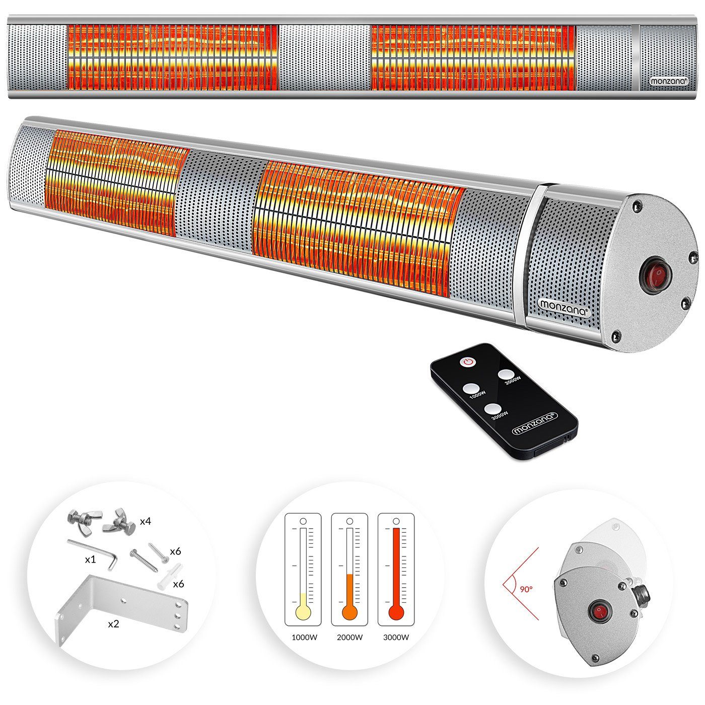 monzana Infrarotstrahler Infrarotstahler, 3000 W, Heizstrahler MZH3000 Goldröhre 3 Heizstufen Fernbedienung 90°