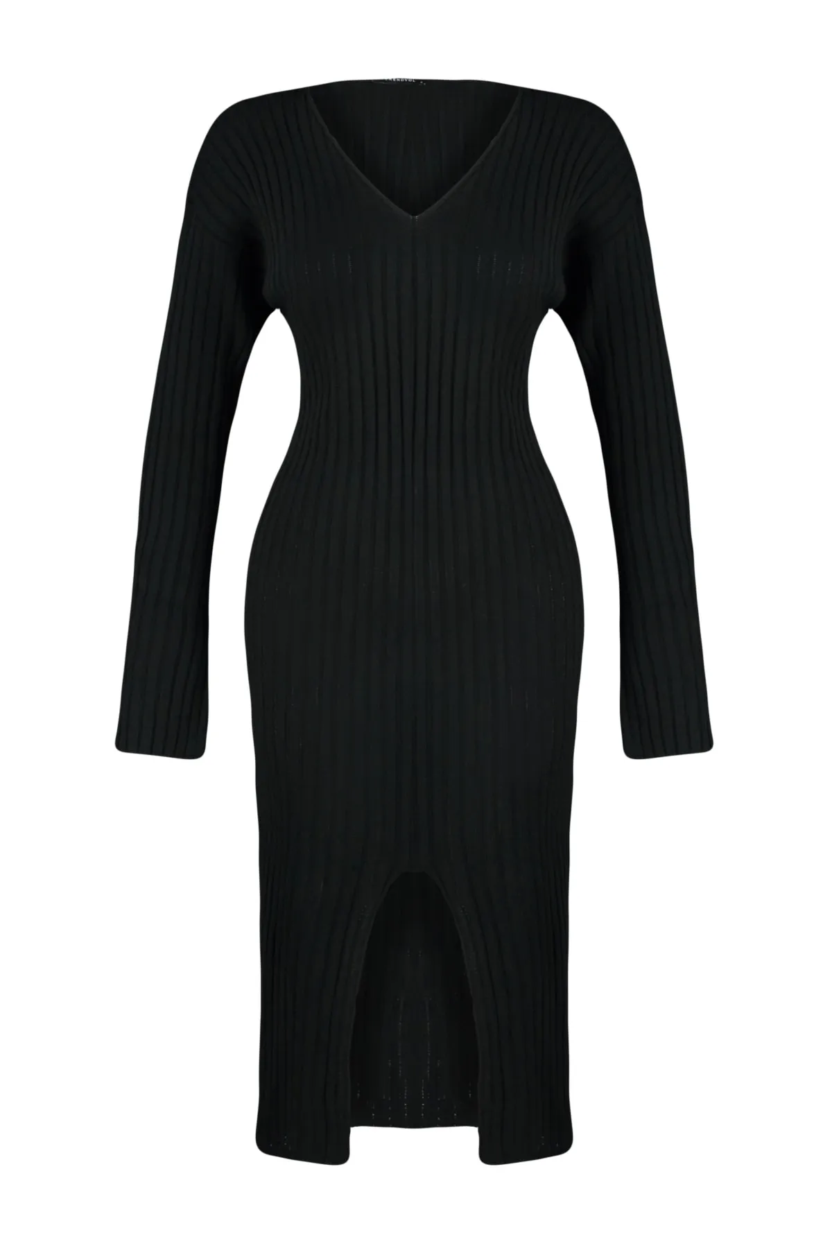 Trendyol Collection  Schwarzes Midi-Strickkleid mit V-Ausschnitt TWOAW24EL00066