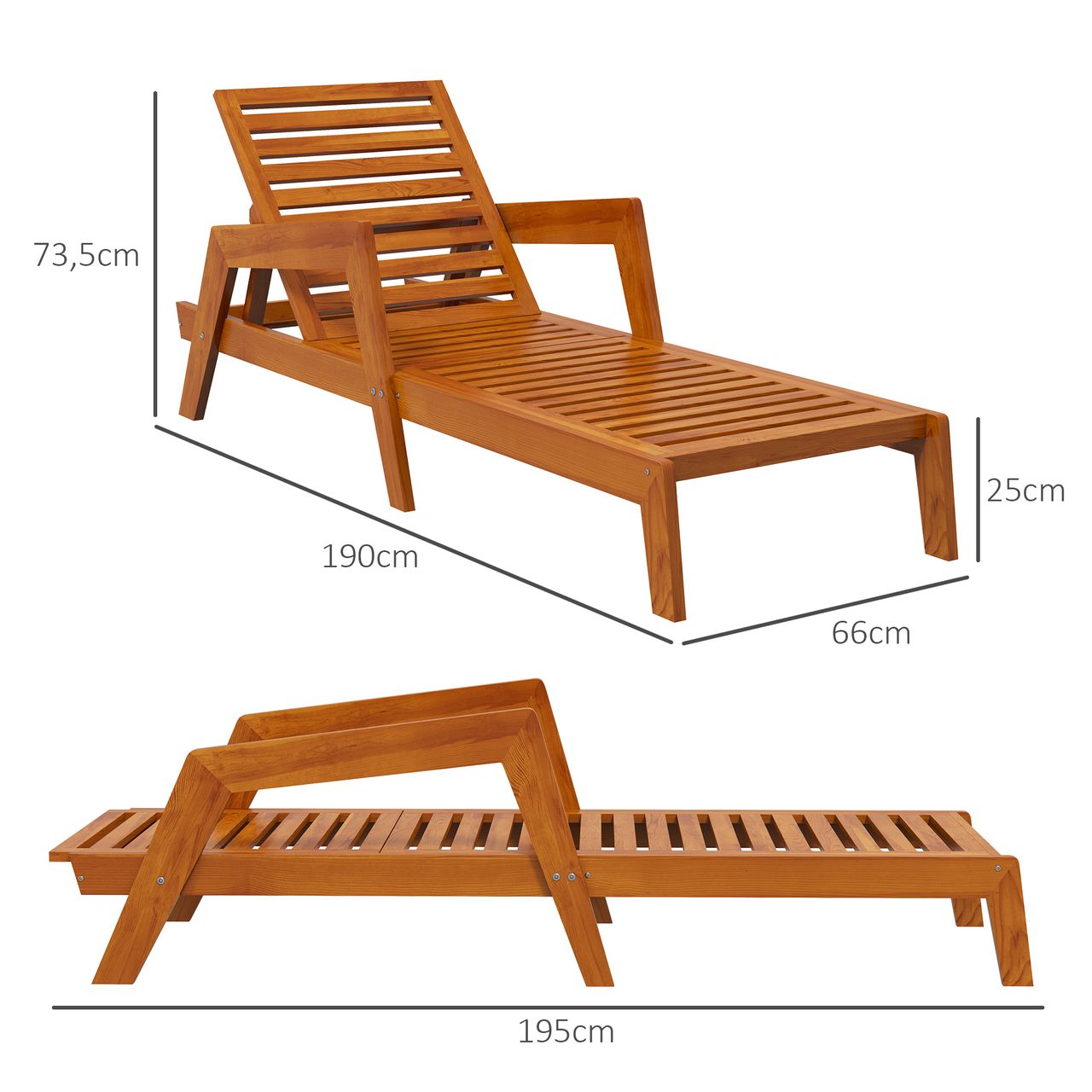 Outsunny Sonnenliege, Gartenliege aus Holz, Wetterfest Relaxliege für Balkon