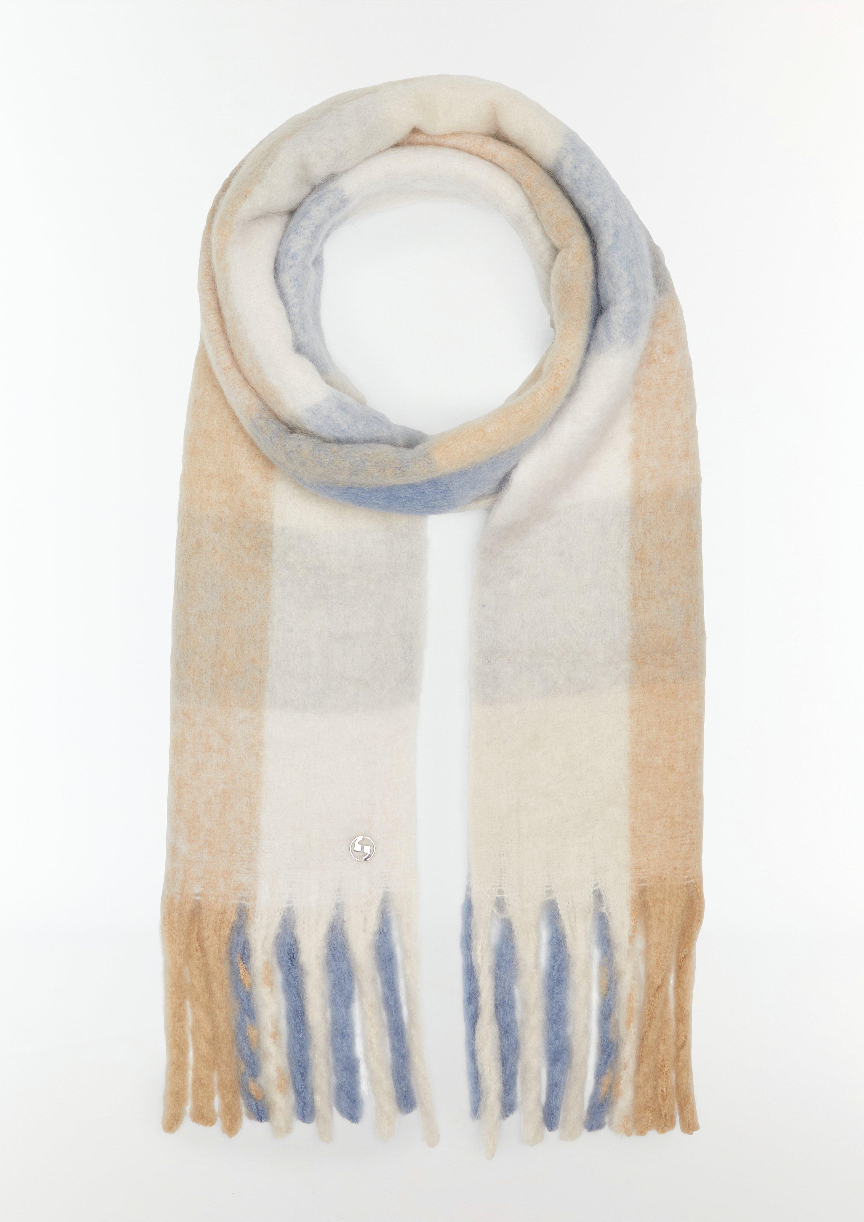Karierter Strickschal mit Fransen - himmelblau