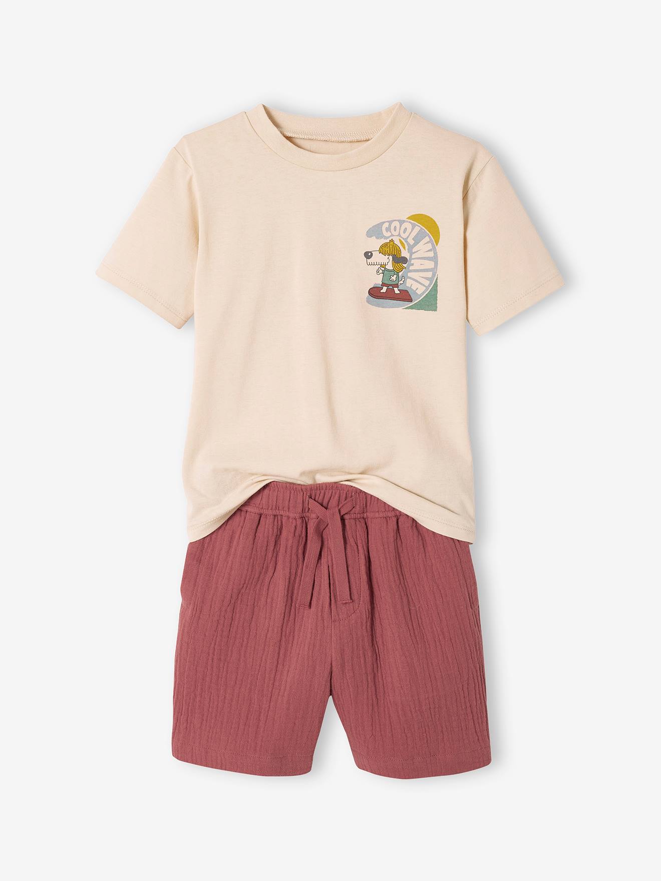 Ensemble tee-shirt et short en gaze de coton garçon terracotta