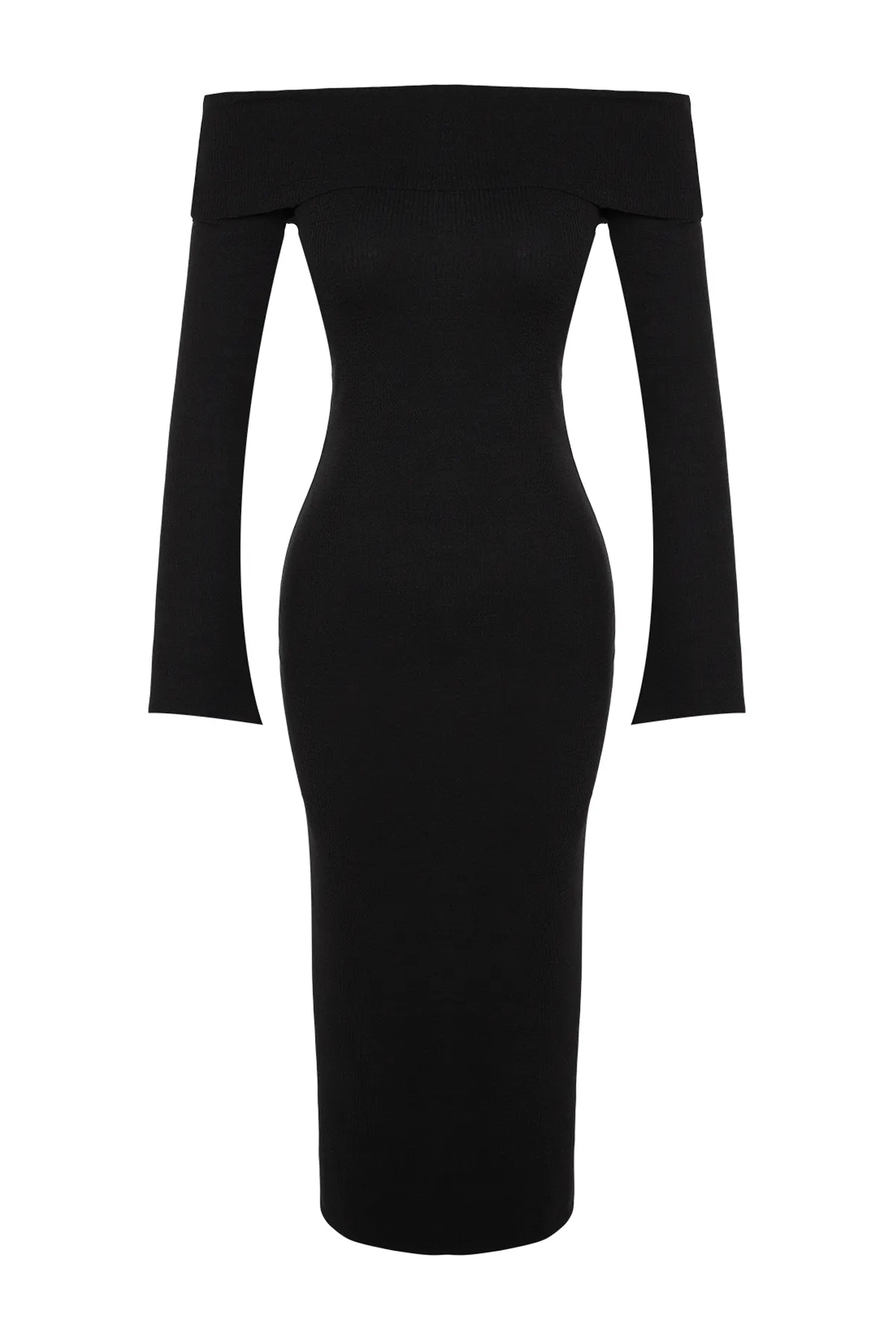 Trendyol Collection  Schwarzes tailliertes/tailliertes Carmen-Kragen-Midi-Bleistiftkleid aus flexiblem Strick mit weicher Struktur TWOAW24EL00803