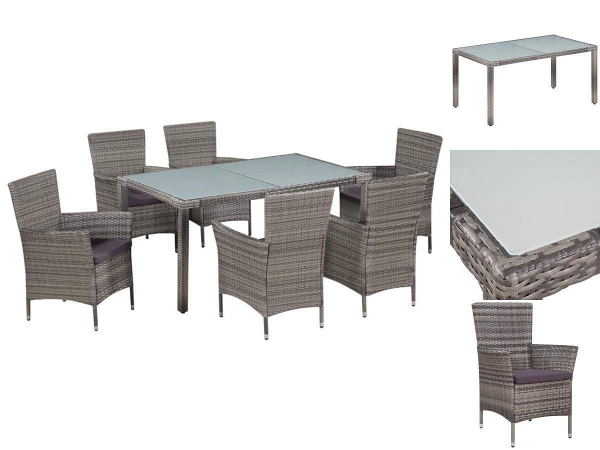 vidaXL Garten-Essgruppe 7-tlg Garten-Essgruppe mit Auflagen Poly Rattan Grau Sitzgruppe Set