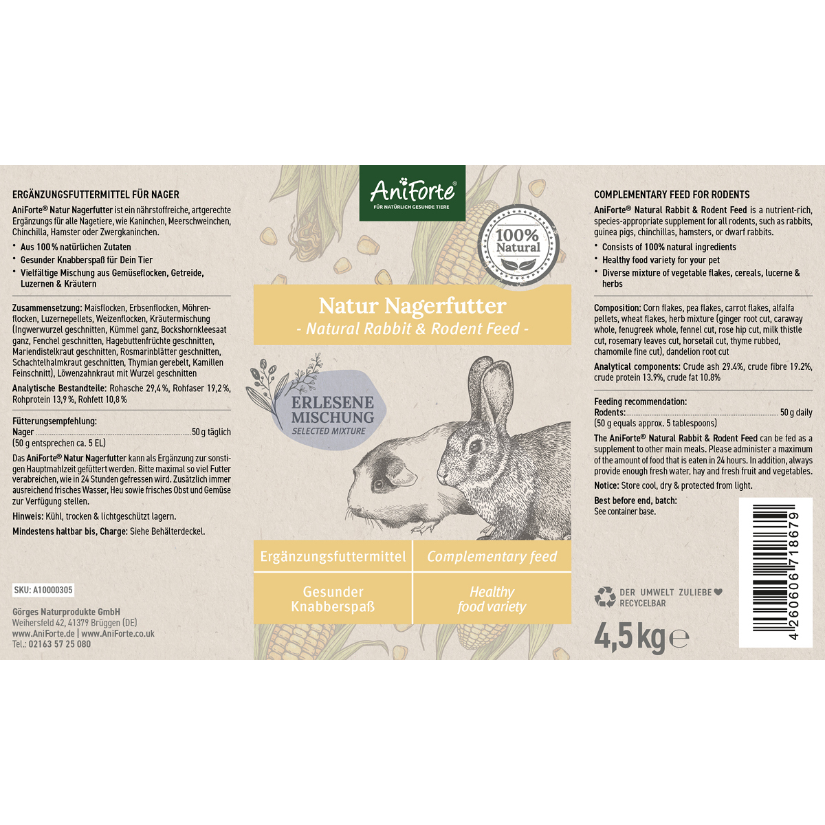 Aniforte Hauptfutter Aniforte Natur Nagerfutter 4,5kg