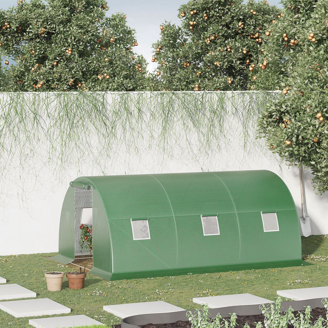 Outsunny Foliengewächshaus begehbares Polytunnel 4,5 x 3 m Dunkelgrün