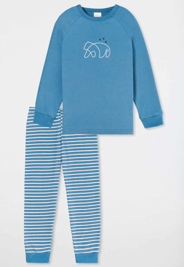 Schlafanzug lang Organic Cotton Bündchen Bär Ringel hellblau - Natural Love