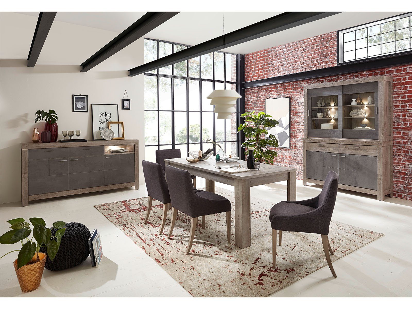 möbelando Buffet Gravesend Modernes Buffet in Haveleiche Nachbildung / Beton Oxid Nachbildung, Korpus aus Spanplatte, Front aus MDF bestehend aus 1 Sideboard und 1 Buffet-Aufsatz, inkl. LED-Beleuchtung. Breite 156 cm, Höhe 211 cm, Tiefe 42 cm