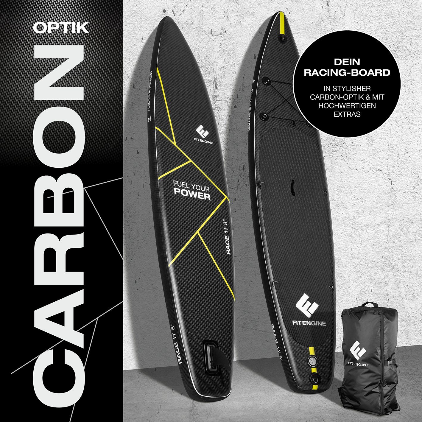 FitEngine Inflatable SUP-Board XXXL Stand up Paddle Board Set Race 11‘8“ 360cm, 170kg Race-Shape erhöhte Stabilität