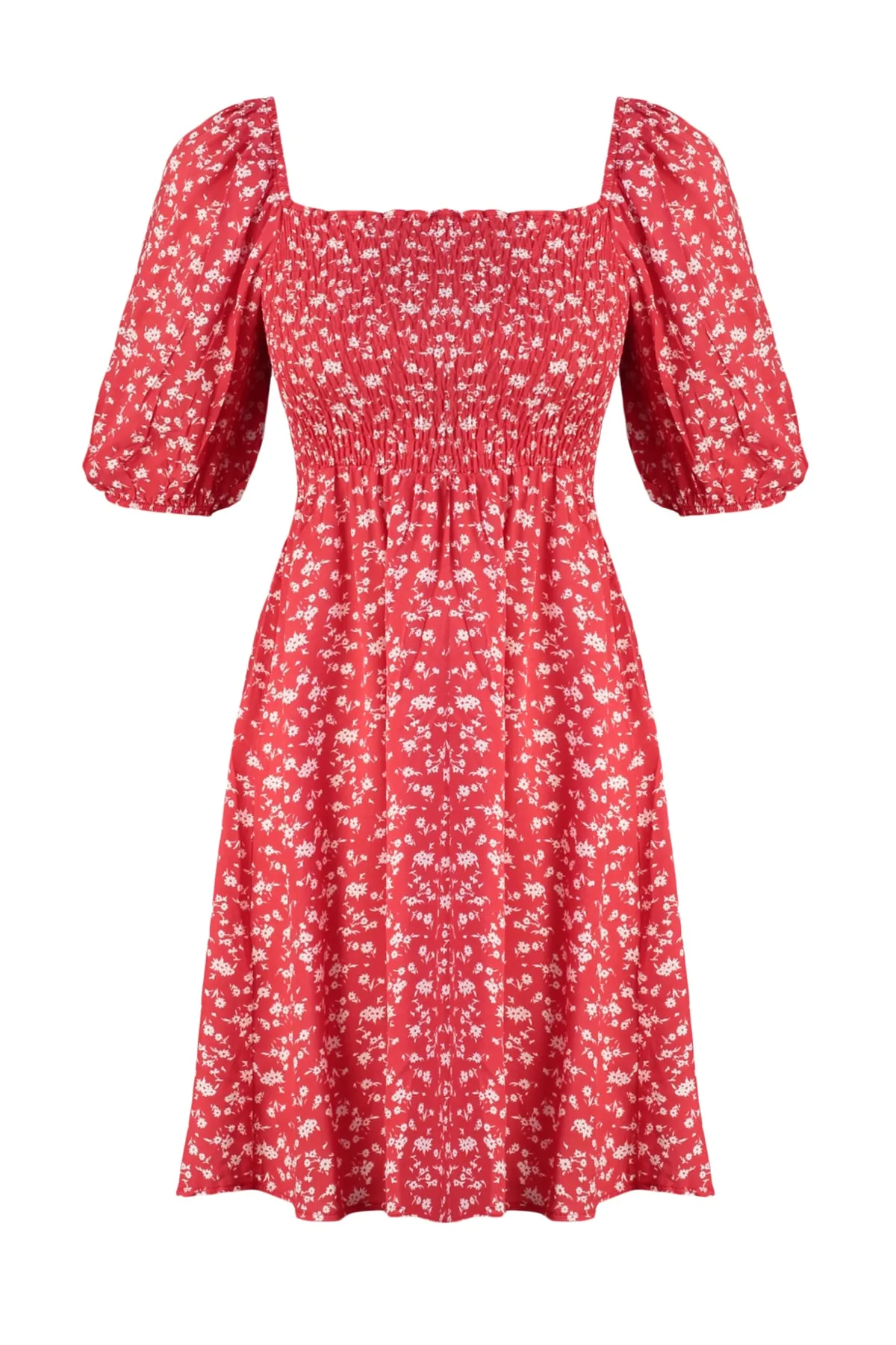 Trendyol Collection  Rotes Gimped-Minikleid aus Viskose mit floraler Taille und Öffnung TWOSS22EL0370