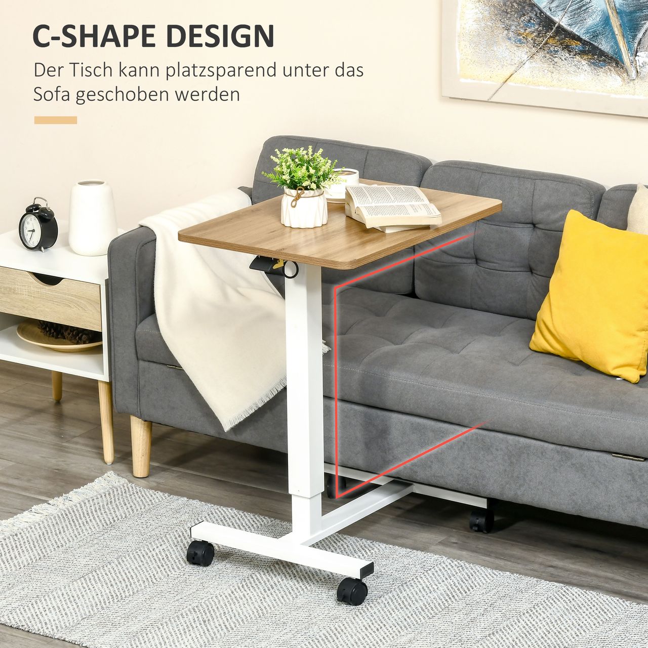 HOMCOM Höhenverstellbar Steh-Sitz Schreibtisch Laptoptisch Stehpult Beistelltisch mit Rollen C-förmig Platzsparend für Arbeitszimmer Sofa Bett Natur Weiß Belastbar bis 70 kg 65 x 48 x 70-110 cm