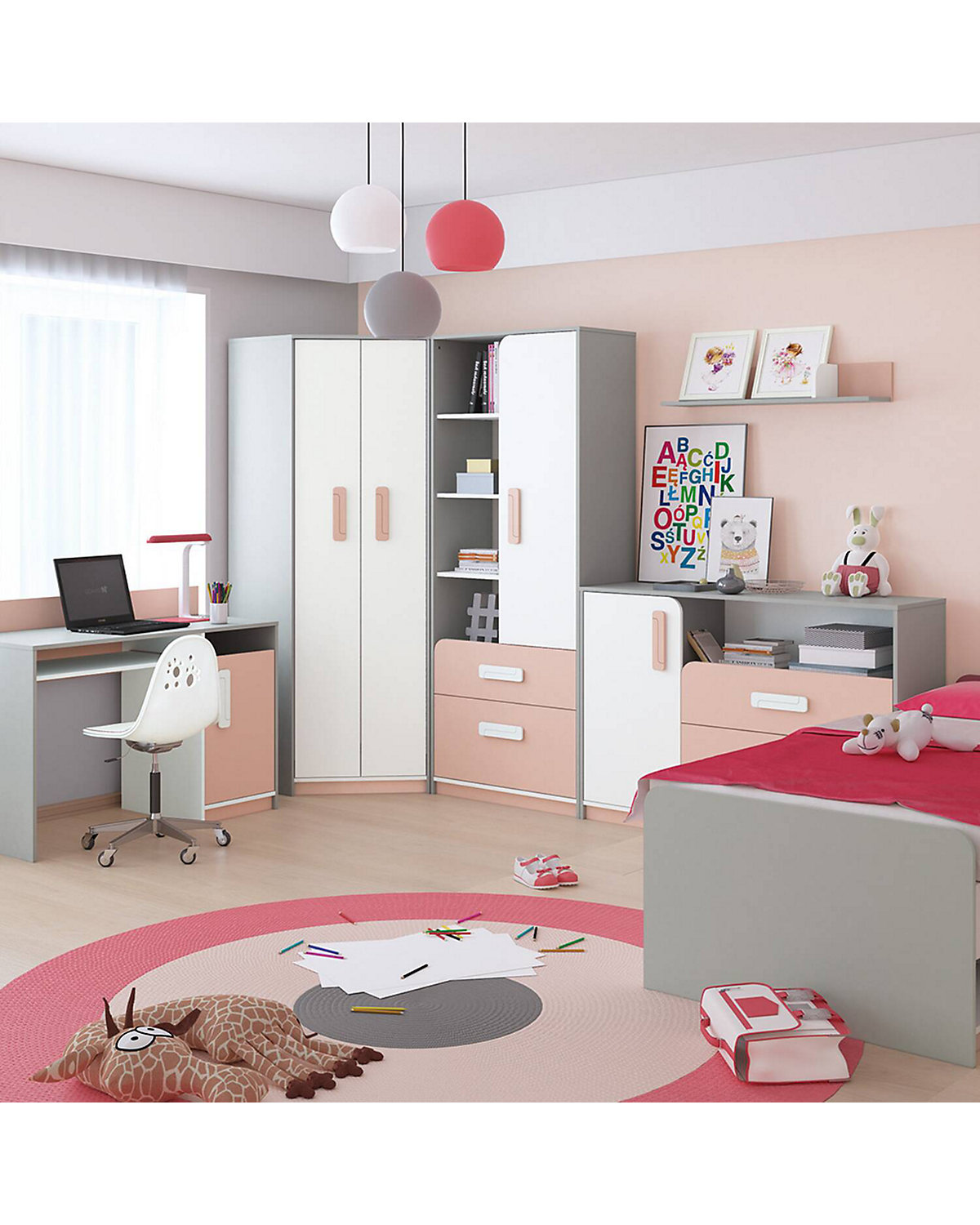 Kinderzimmer Kleiderschrank Eckschrank grau INGOLSTADT-131 mit Fronten in weiß und Absetzungen in rosa, B/H/T: ca. 82/199/82 cm