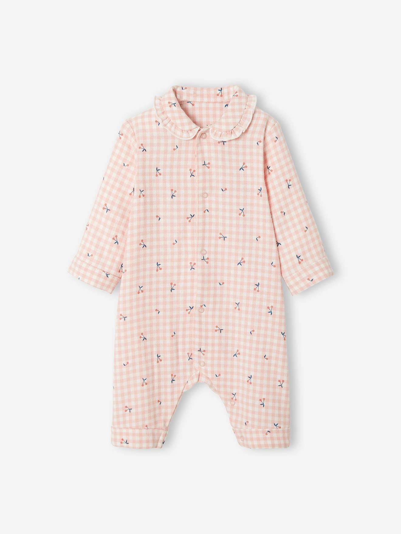 Pyjama bébé en flanelle de coton ouverture naissance carreaux rose thé