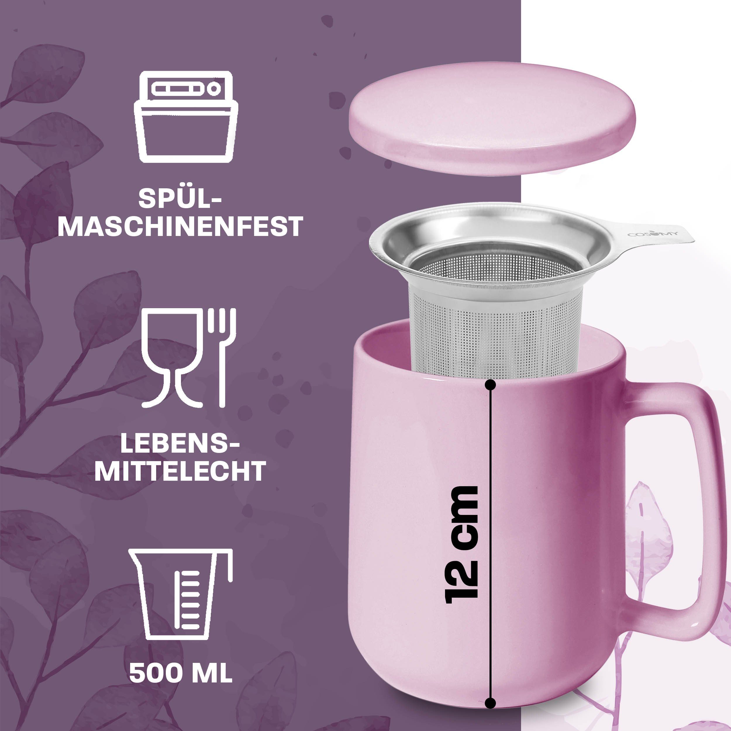 Cosumy Teeglas Teetasse mit Sieb und Deckel 500ml - Jumbotasse, Porzellan, Hält Lange warm - 500 ml XXL Groß - Spülmaschinenfest