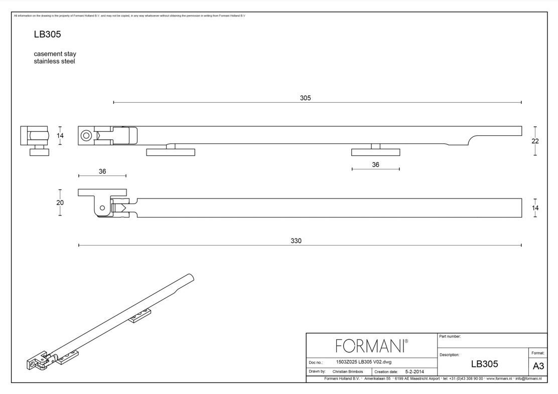 Formani 1503Z025INXX0 BASICS LB305 suport solid pentru fereastră cu două știfturi de reglare, inclusiv șină de ghidare din oțel inoxidabil mat