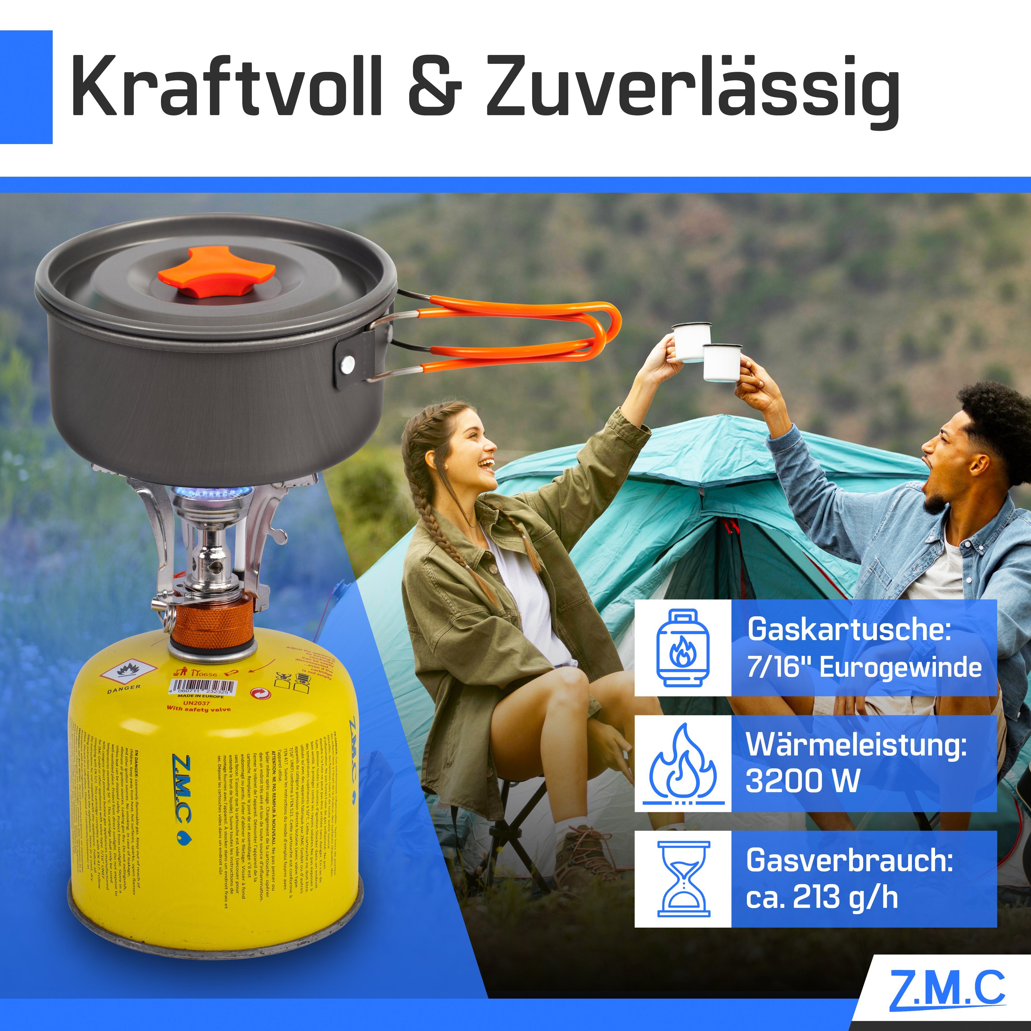 ZMC Gaskocher Mini Outdoor Campingkocher 3200W, (Butan Gas Kartusche Piezozündung Kochfeld), Camping Gas Kocher Stove Herd Kartuschenkocher Faltbar Butangas