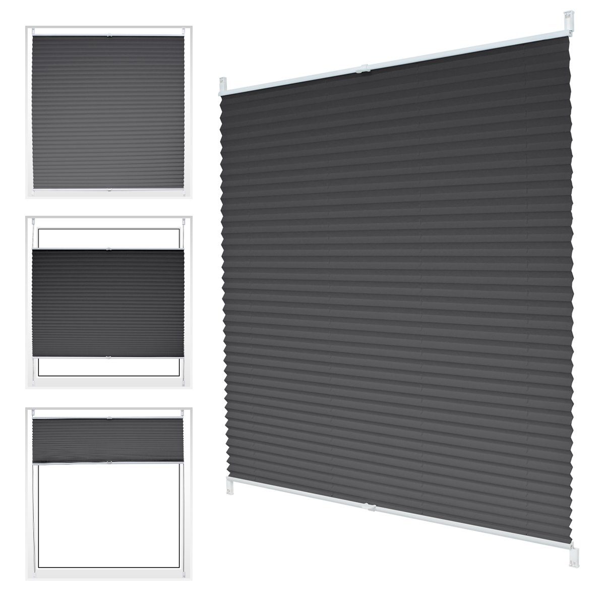Plissee dunkelgrau, 65x150 cm, inkl. Befestigungsmaterial, ECD Germany, Klemmfix, Klemmfix ohne Bohren 65x150cm Dunkelgrau mit Klemmträger EasyFix