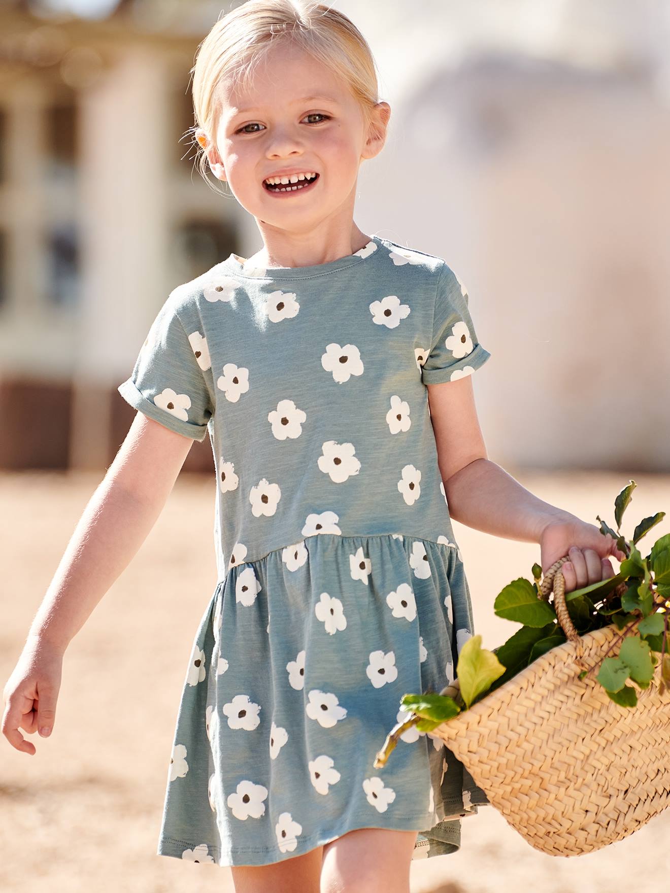 Robe Basics imprimée fille manches courtes bleu clair imprimé cerises