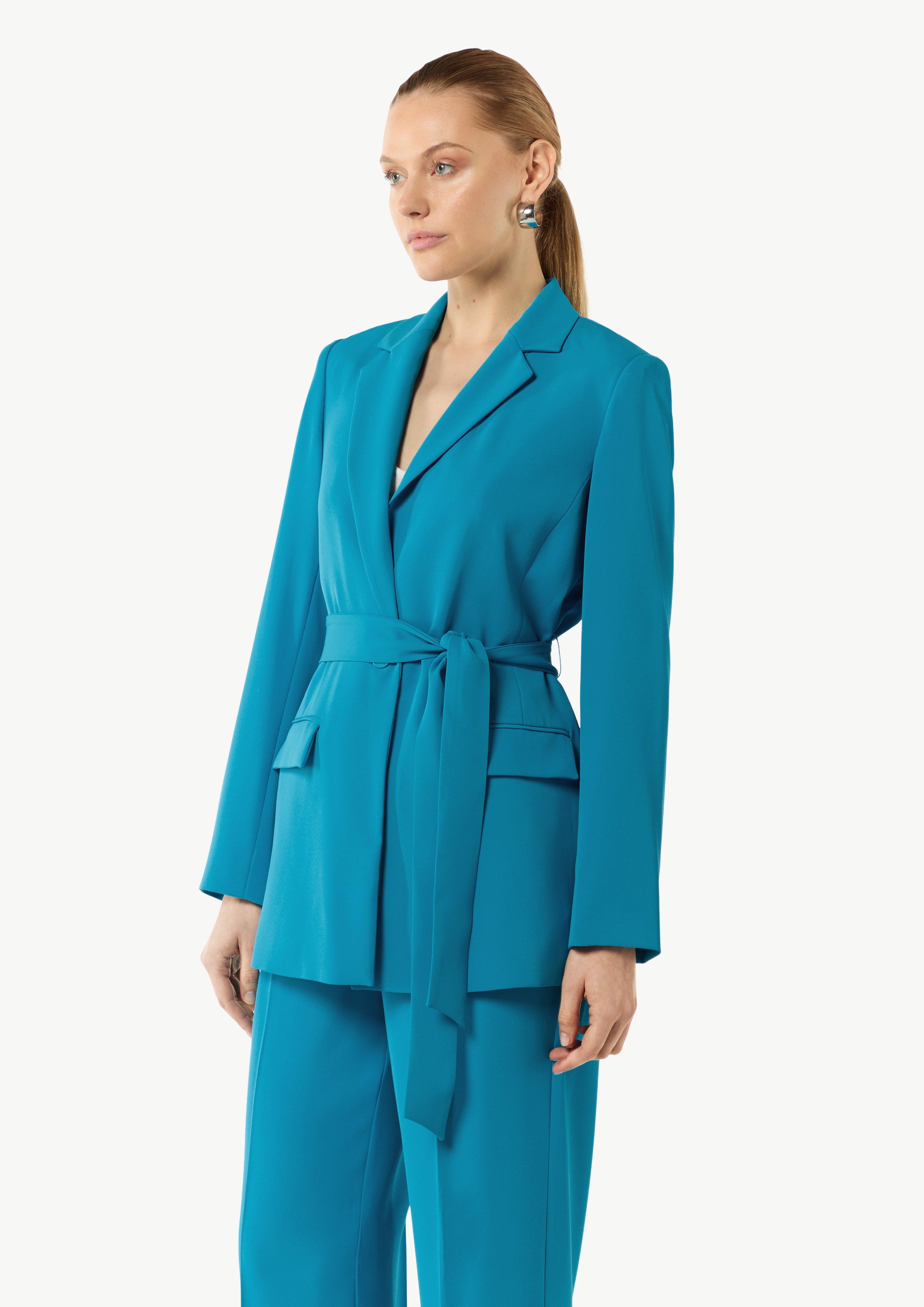 Fließender Longblazer mit Bindegürtel - ozeanblau