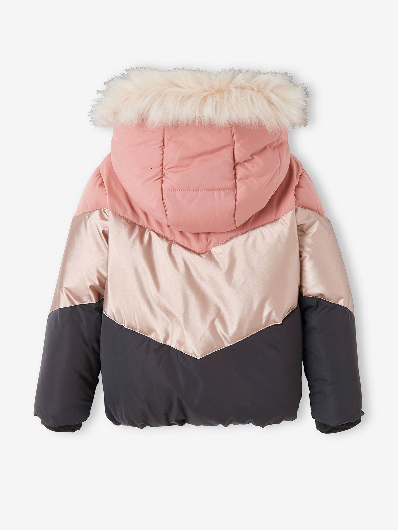 Doudoune à capuche colorblock fille doublée maille polaire rose fumé