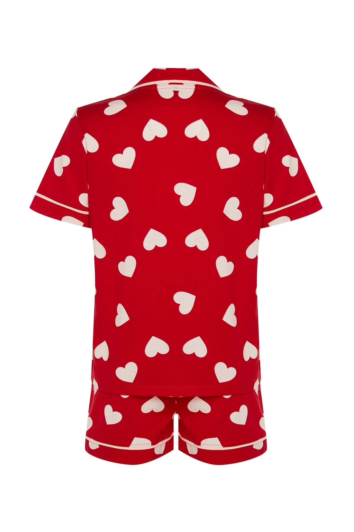 Trendyol Collection  Rotes, gestricktes Pyjama-Set aus 100 % Baumwolle mit herzgemusterten Paspeln und Hemd-Shorts THMSS21PT1200
