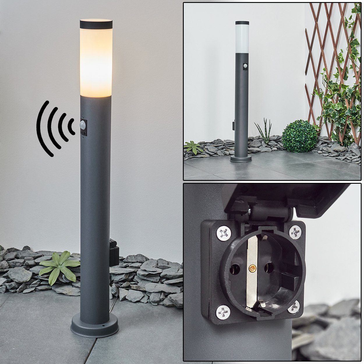 hofstein Pollerleuchte Gnocchetta moderne Sockelleuchte, mit Bewegungsmelder u. Steckdose, ohne Leuchtmittel, Metall in Anthrazit, Gartenlampe, E27, Gartenbeleuchtung IP44
