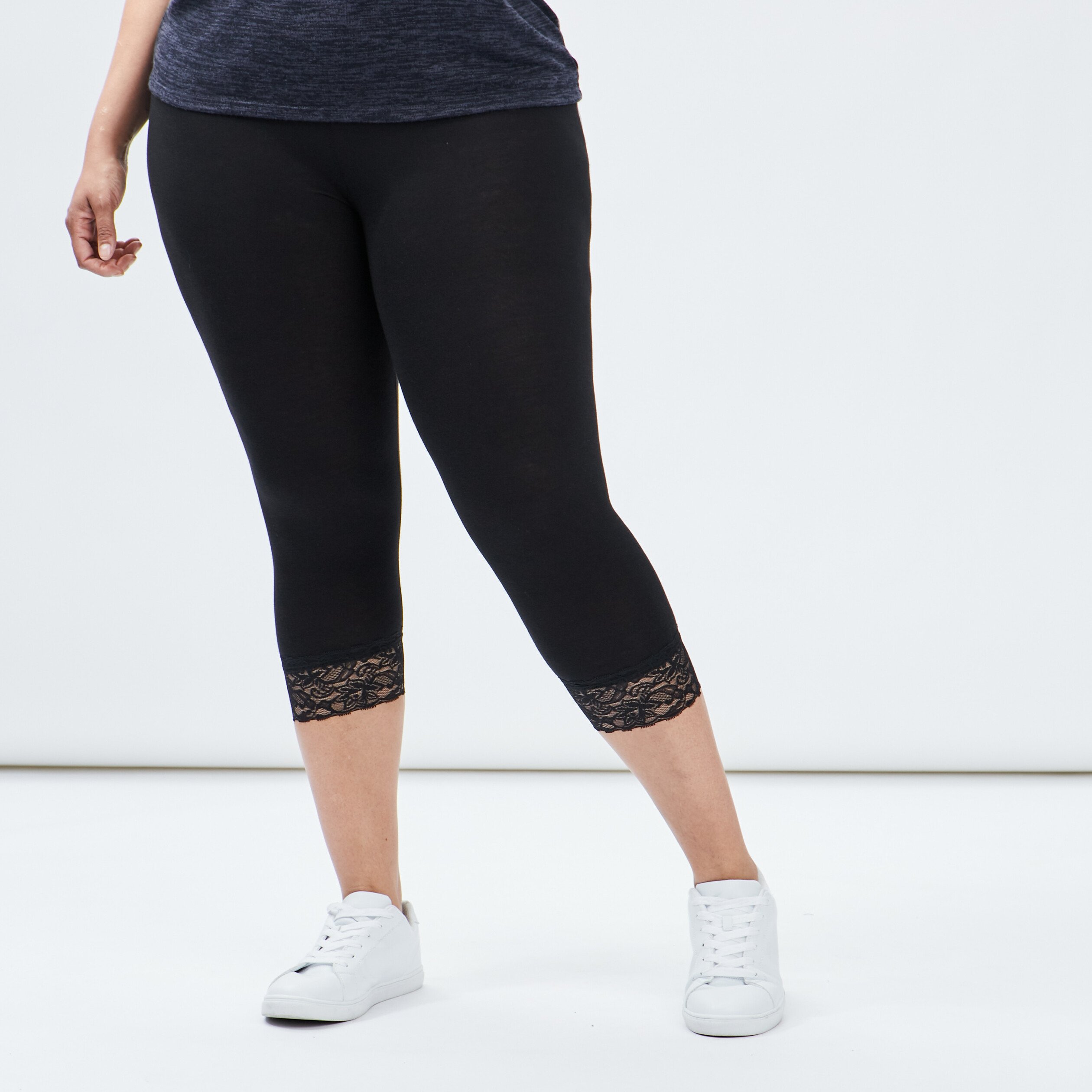 Legging 7 8ème empiècements dentelles noir femme grande taille | La Halle