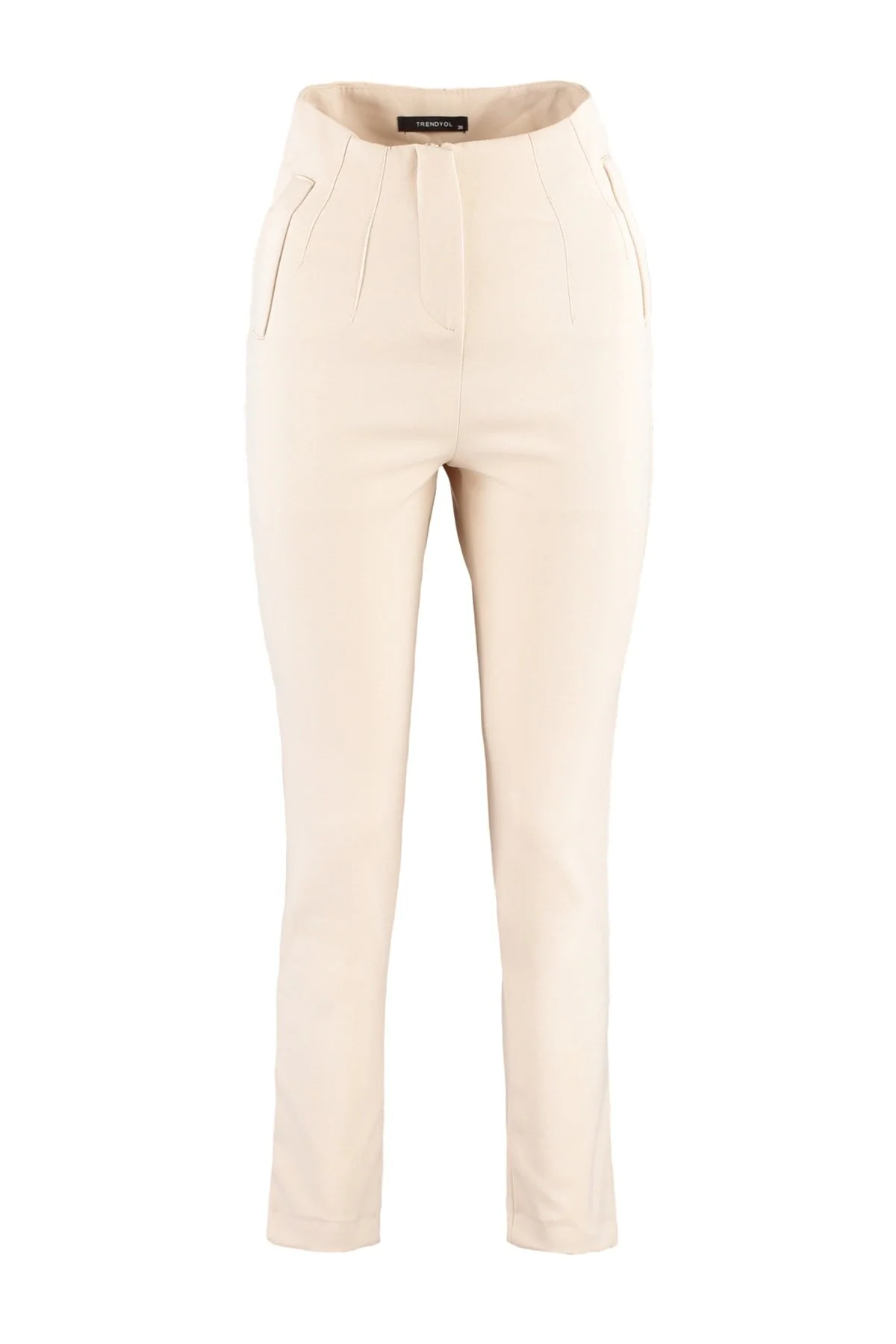 Trendyol Collection  Beigefarbene, zigarettengemusterte, knöchellange Webhose mit hoher Taille und Abnähern TWOSS20PL0515