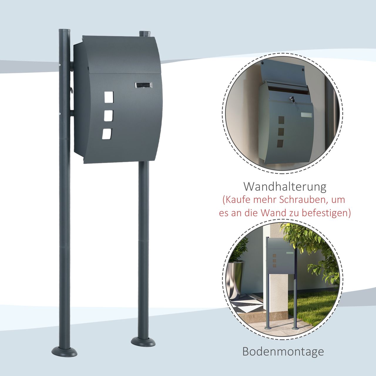 HOMCOM Briefkasten mit Ständer, Wandbriefkasten mit Zeitungsfach Sichtfenster
