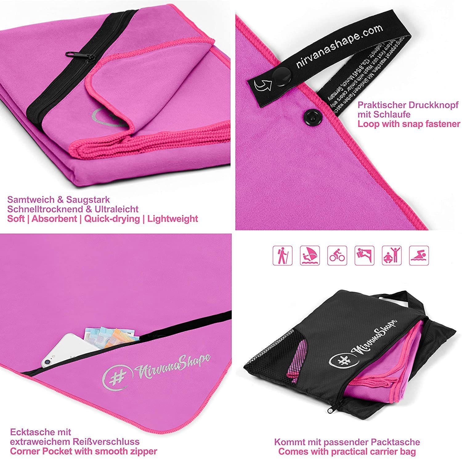 NirvanaShape Sporthandtuch Mikrofaser Handtuch, Badehandtuch, Reisehandtuch, Sporthandtuch, Ecktasche mit Reißverschluss, saugfähig, leicht, schnelltrocknend