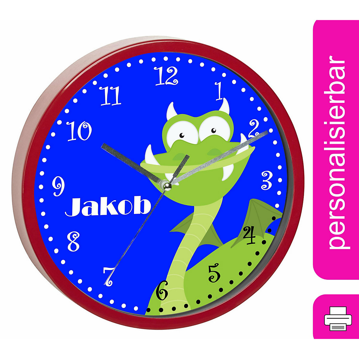Kinder Wanduhr personalisiert mit Name Drache grün